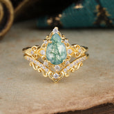 Luxury 4 Prong Pear Cut Moss Agate Stackable Ring Set